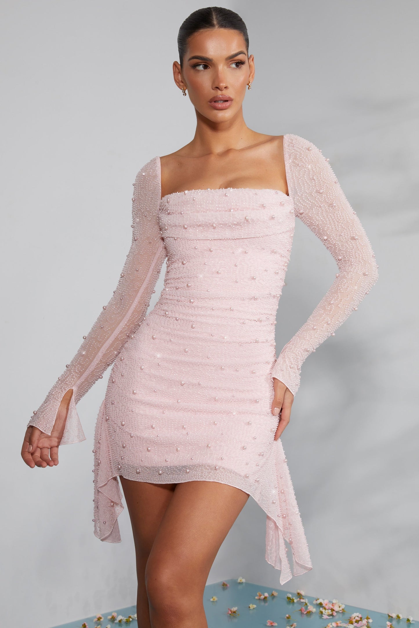 Ylenia | Women’s Mini Dress with Lace & Pearl Details – Square Neckline & Backless Design