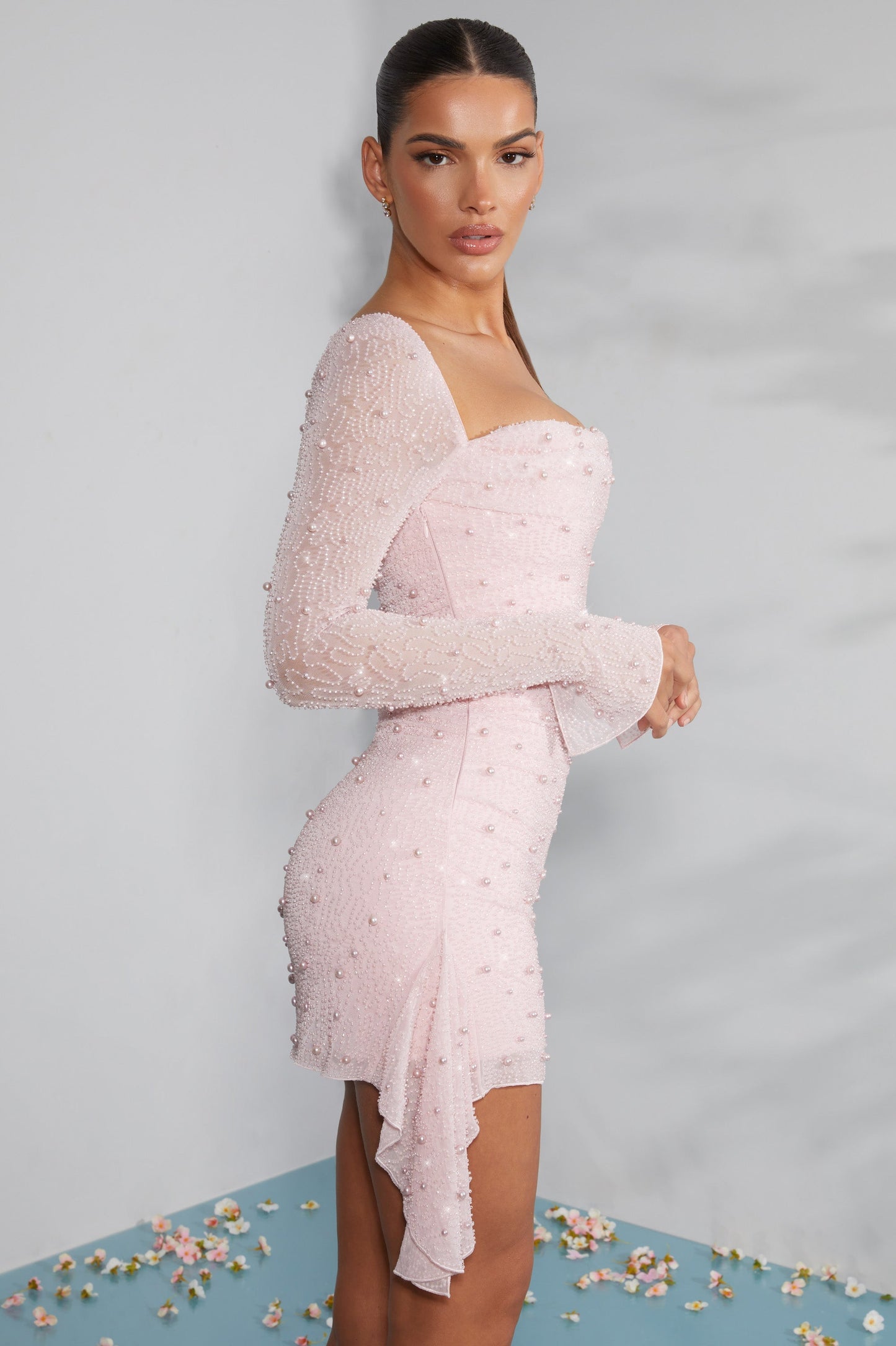 Ylenia | Women’s Mini Dress with Lace & Pearl Details – Square Neckline & Backless Design