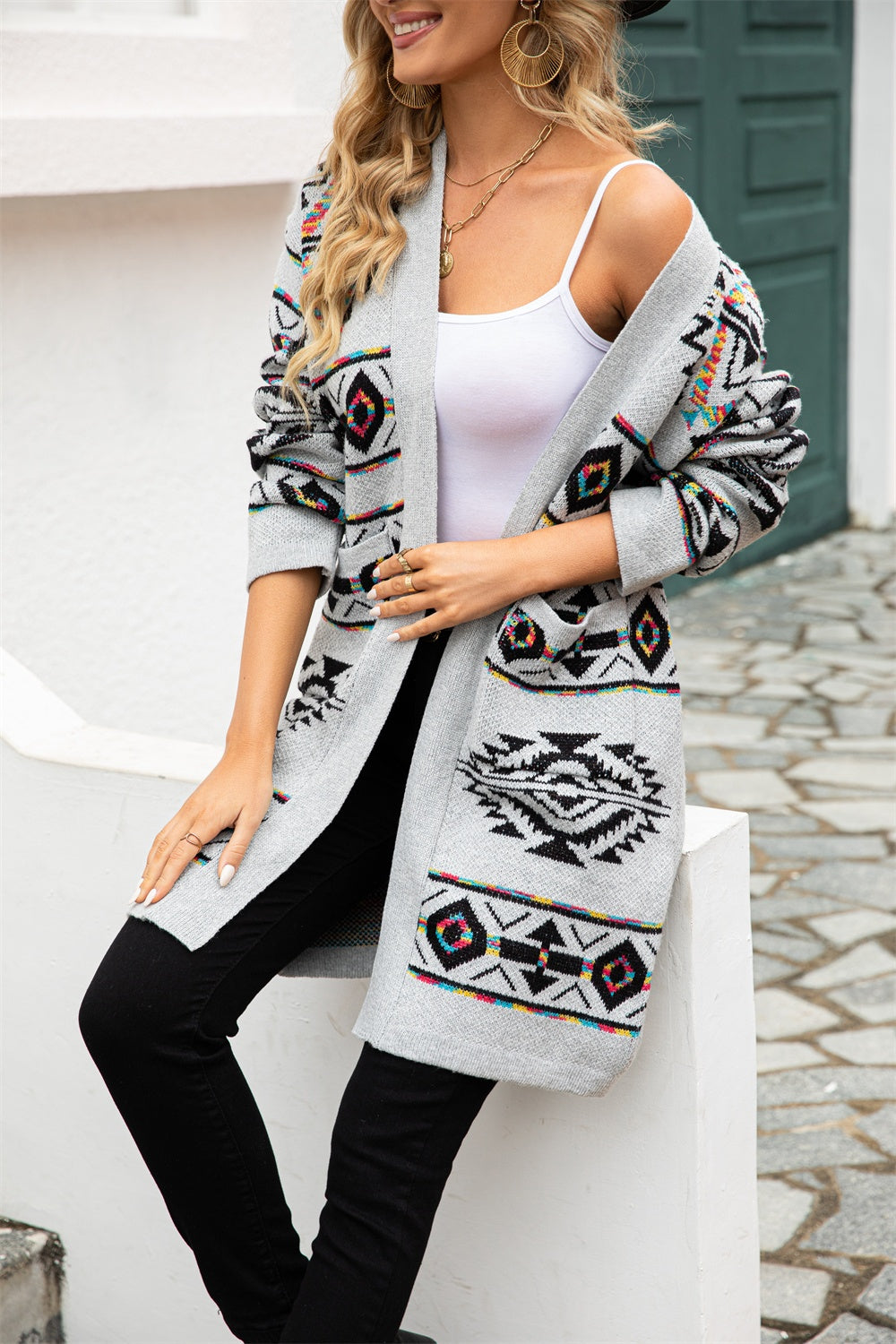 Felindra | Women’s Long Knit Cardigan with Ethnic Pattern – Cosy and Stylish Layer for Everyday Elegance