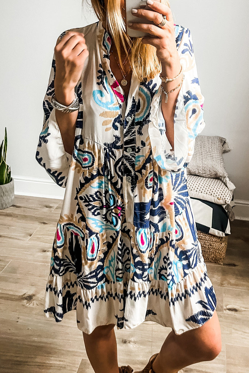 Ulena | Stylish Mini Dress with Tribal Print and Statement Bangle Sleeves