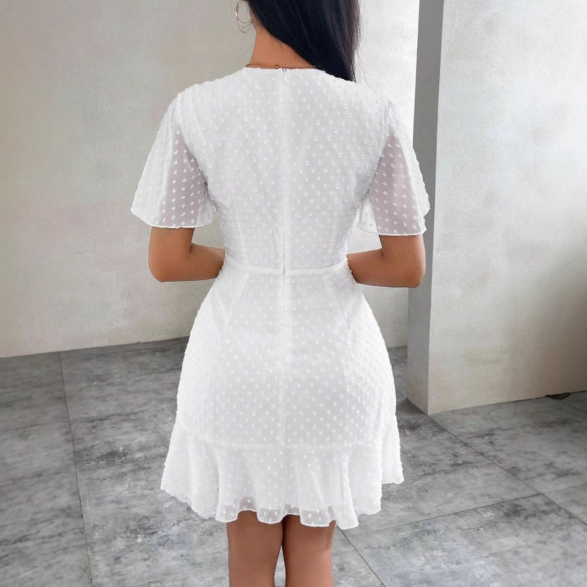 Tavina | Women's Polka Dot Ruffle Trim Mini Dress with Round Neck & Short Sleeves
