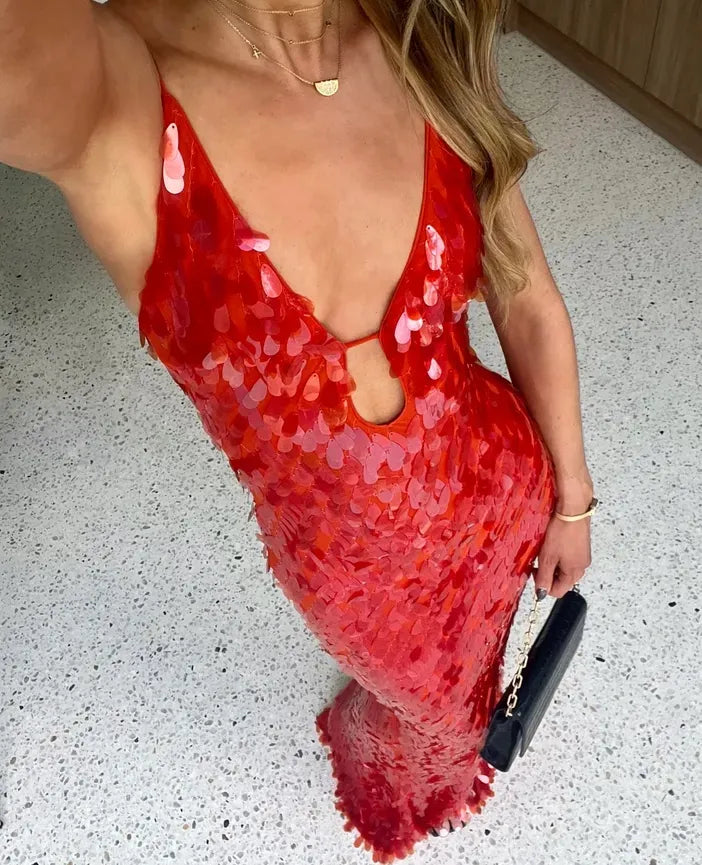 Lara | Women’s Red Sequin Spaghetti Strap Deep V Neck Mermaid Maxi Dress for Special Occasions