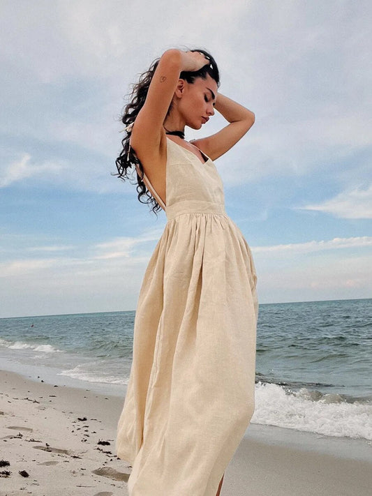 Marigold | Women’s Backless Linen Summer Maxi Dress with Tie Shoulder Straps