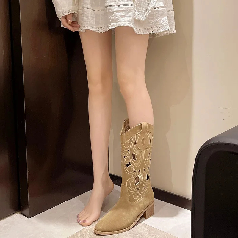 Ilerina | Stylish Suede Western Cowboy Boots with Cutouts for Women