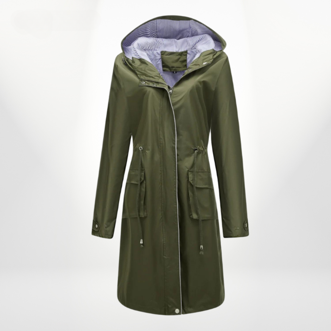 Allegra | Women’s Long Hooded Trench Coat with Drawstring Waist
