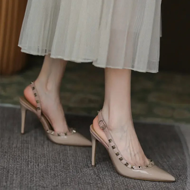 Lunora | Women's Pointed Toe Slingback Heels – Elegant Metal Stud Buckle Sandals