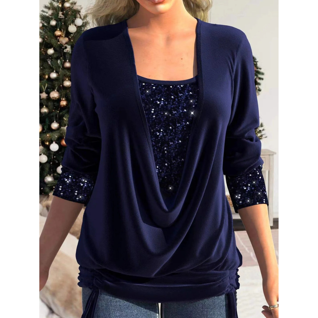 Petronelle | Women’s Elegant Sequin Long Sleeve Blouse with Adjustable Drawstring Hem