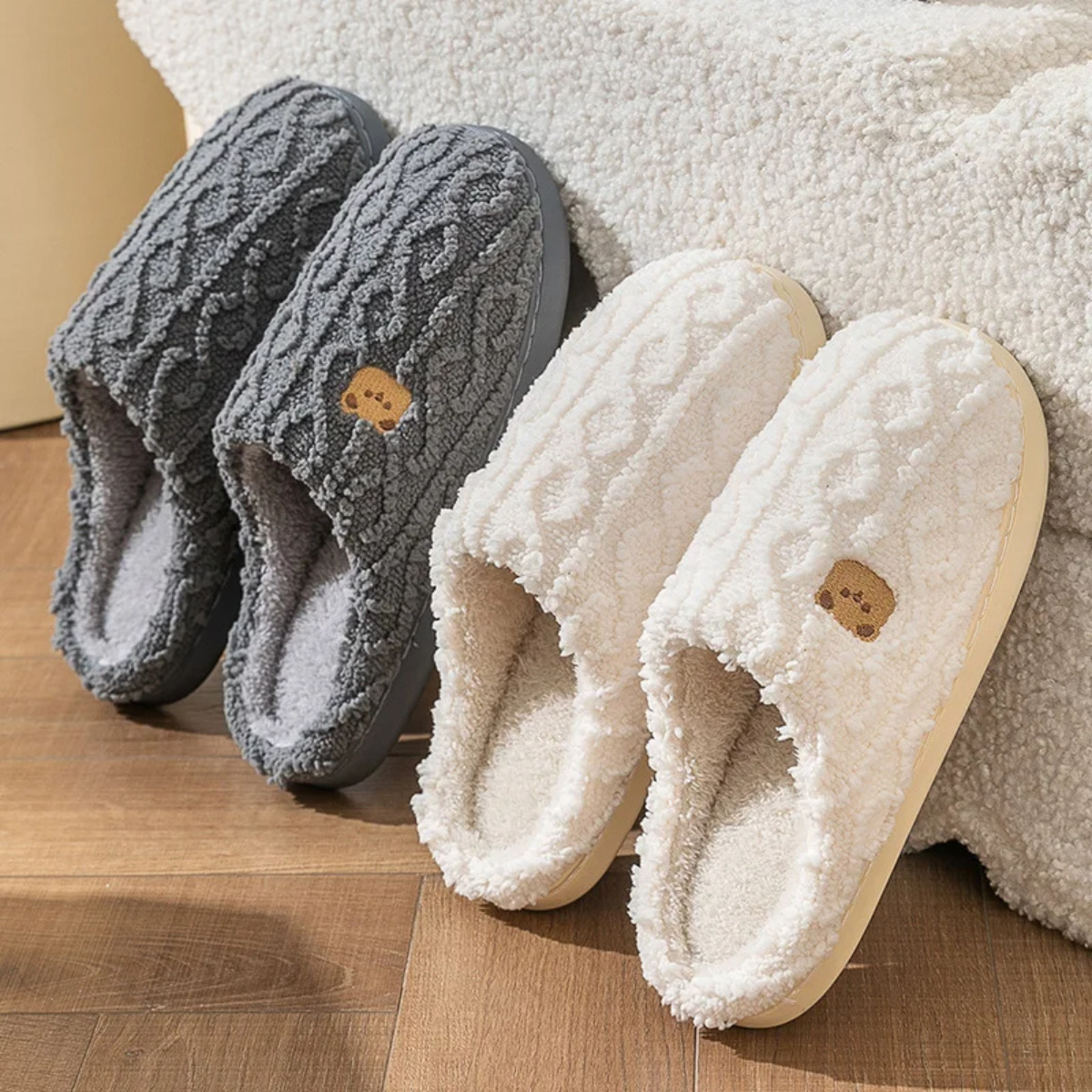 Viktualia | Women's Winter Slippers with Teddy Embroidery, Soft Plush Fabric & Non-Slip Sole