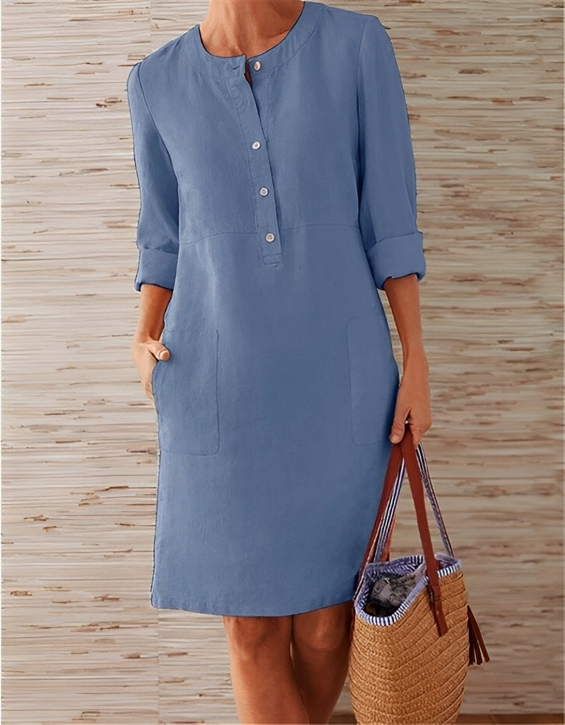 Morwena | Women’s Linen Long Sleeve Casual Dress with Pockets & Button Detail