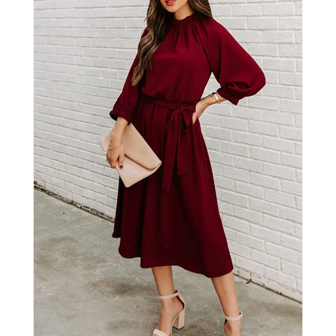 Delaney | Elegant Midi Dress with Tie Waist & Bishop Sleeves