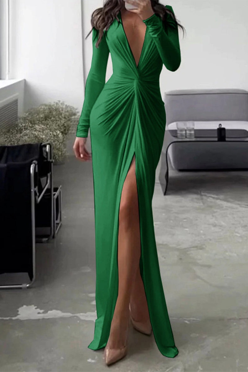 Indi | Elegant Deep V-Neck Bodycon Maxi Dress with High Slit & Cinched Waist