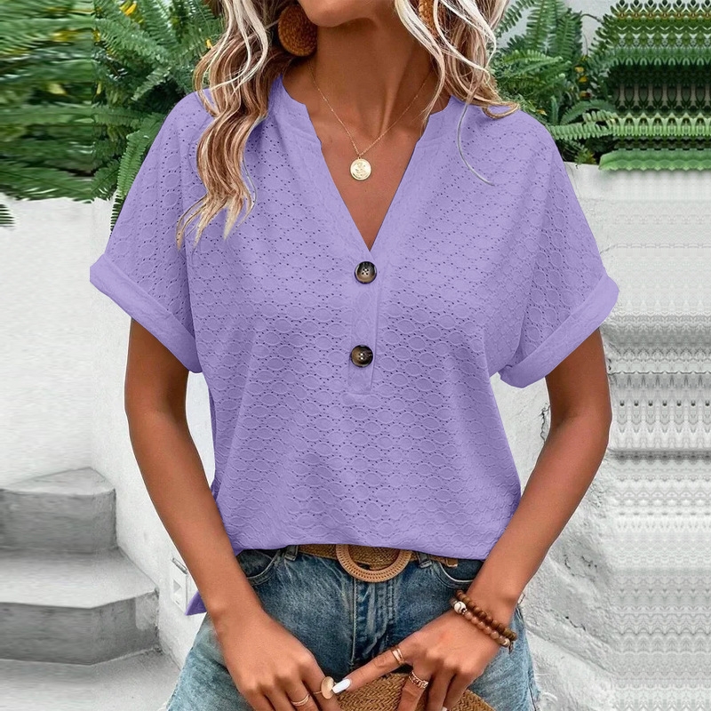 Orabella | Women’s V-Neck Buttoned Short Sleeve Casual Shirt in Textured Fabric
