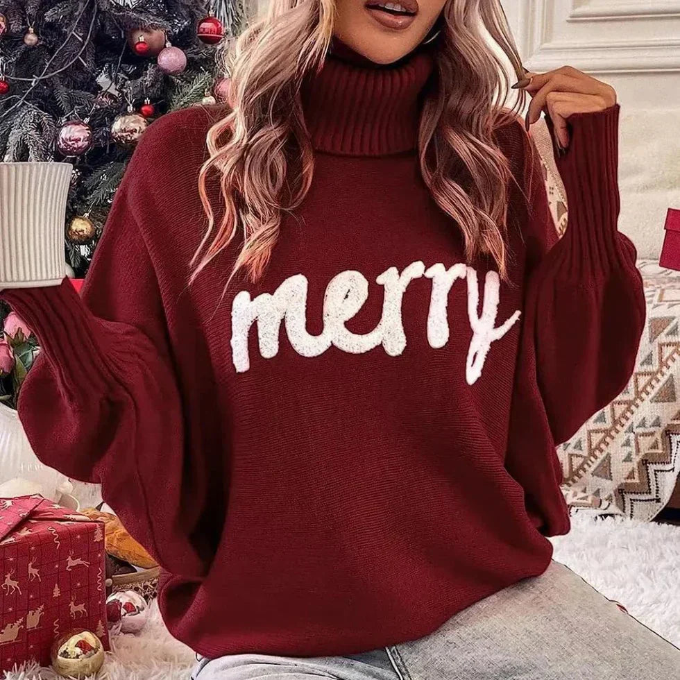 Katrin | Women's Turtleneck Loose Fit Knitted Sweater with Festive "Merry" Detail