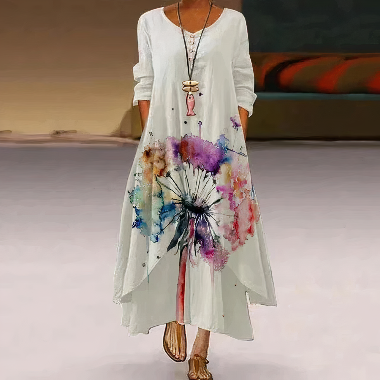 Kerith | Women's Floral Maxi Dress with Round Neck & Layered Hem