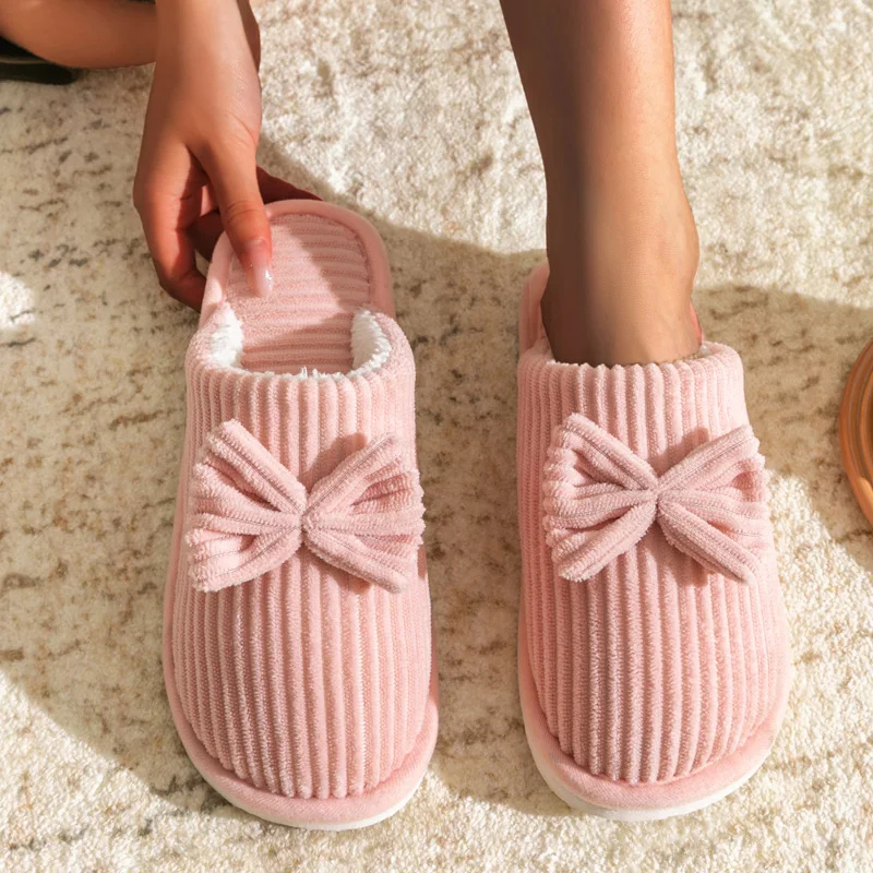Donna | Women's Lightweight Ribbed Plush House Slippers with Ribbon Decor