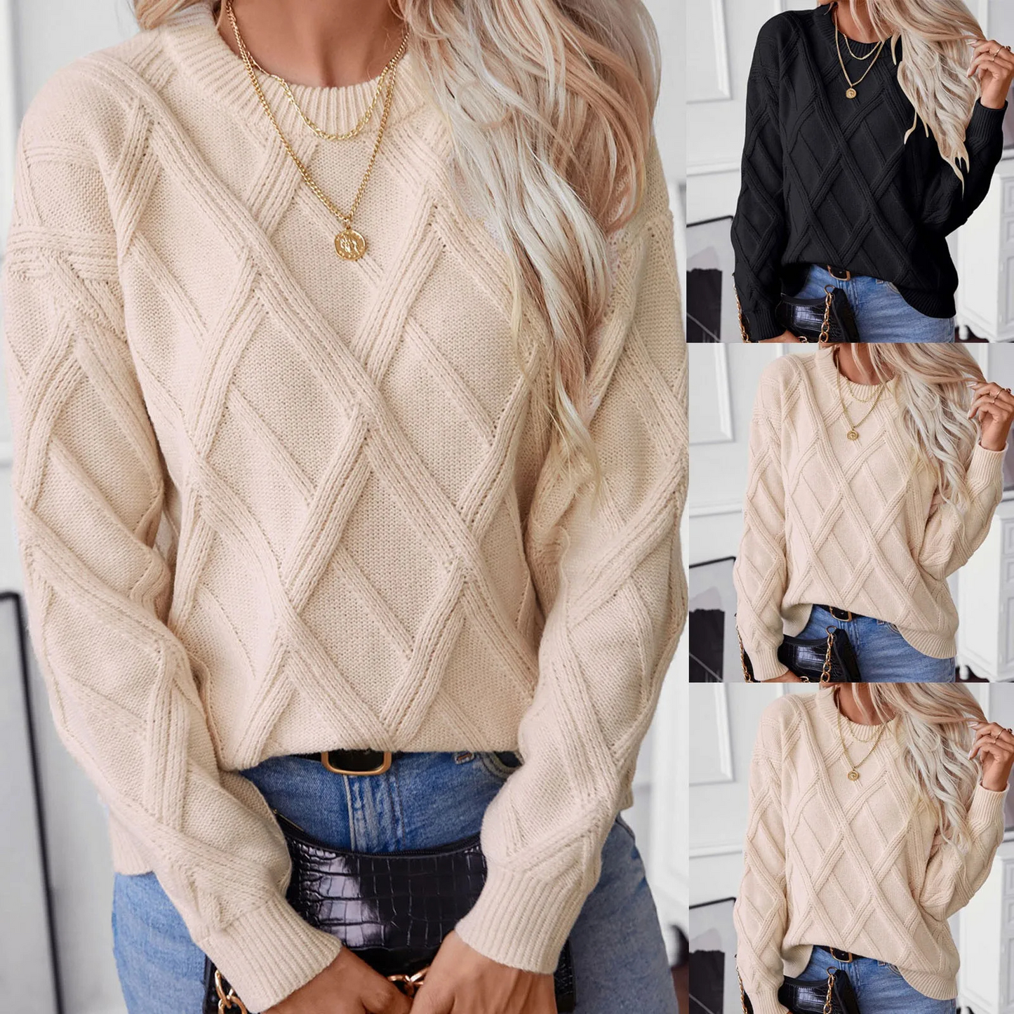 Enrika | Women's Diamond Pattern Knit Sweater with Round Neck and Relaxed Fit