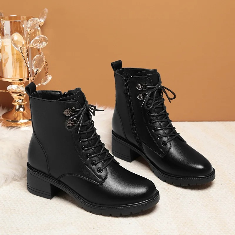 Zoraide | Women's Block Heel Winter Boots with Side Zipper & Lace-Up Design