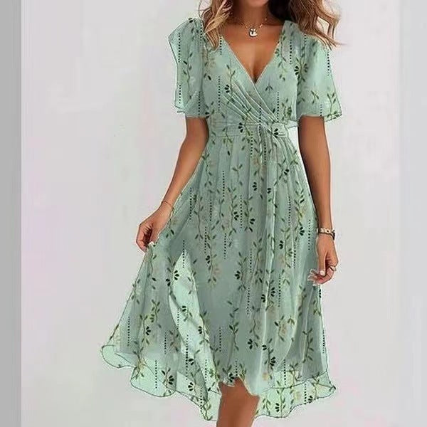 Eliza | Women's Floral Deep V-Neck Cinched Waist Chiffon Midi Dress for Summer