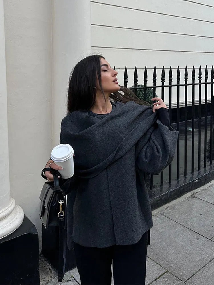 Zaida | Women's Stylish Coat with Asymmetric Design, Built-In Scarf Collar & Buttoned Closure