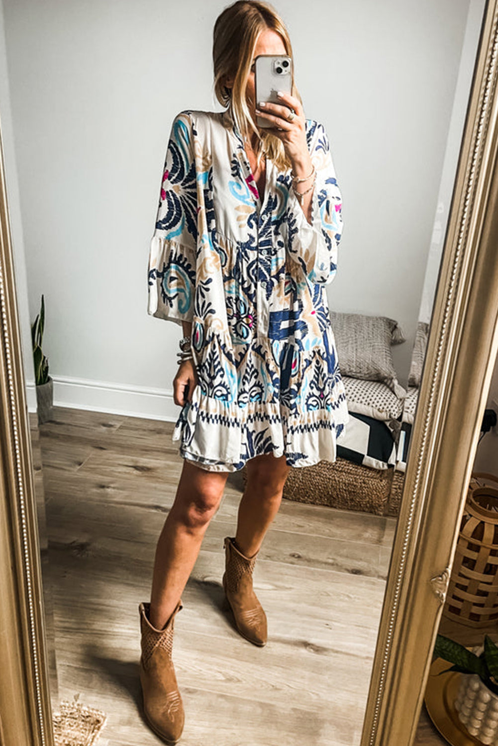 Ulena | Stylish Mini Dress with Tribal Print and Statement Bangle Sleeves