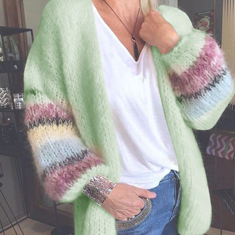 Tascha | Women's Soft Knitted Open Front Cardigan with Multicolor Striped Sleeves