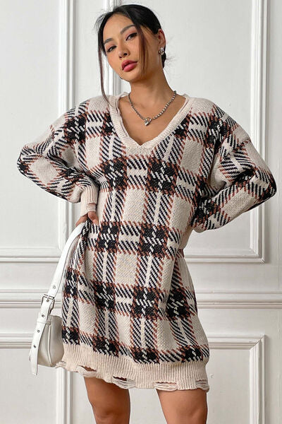 Quindra | Long Knit Sweater with Check Pattern and Relaxed Fit