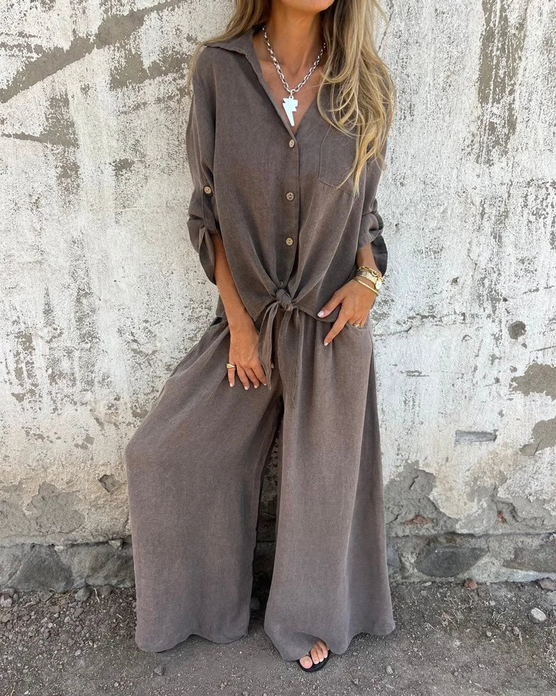 Dorigen | Women's Solid Colour Two-Piece Set with Buttoned Tie-Hem Blouse and Wide-Leg Trousers