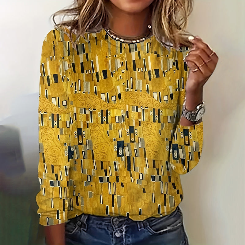 Amy | Women’s Yellow Abstract Print Round Neck Long Sleeve Blouse