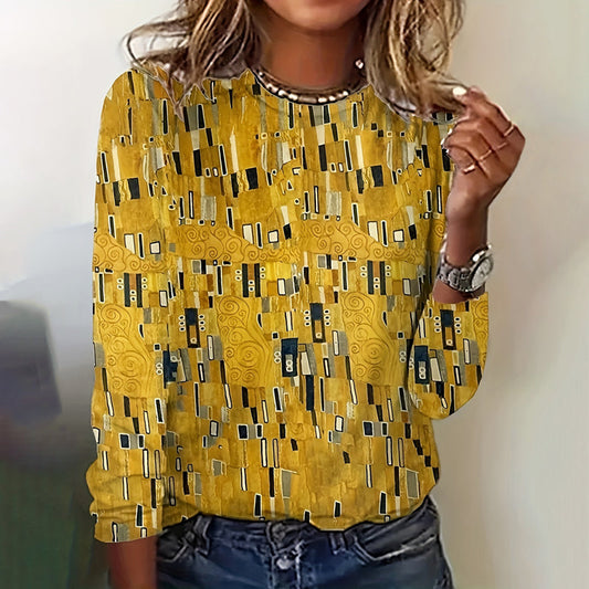 Amy | Women’s Yellow Abstract Print Round Neck Long Sleeve Blouse