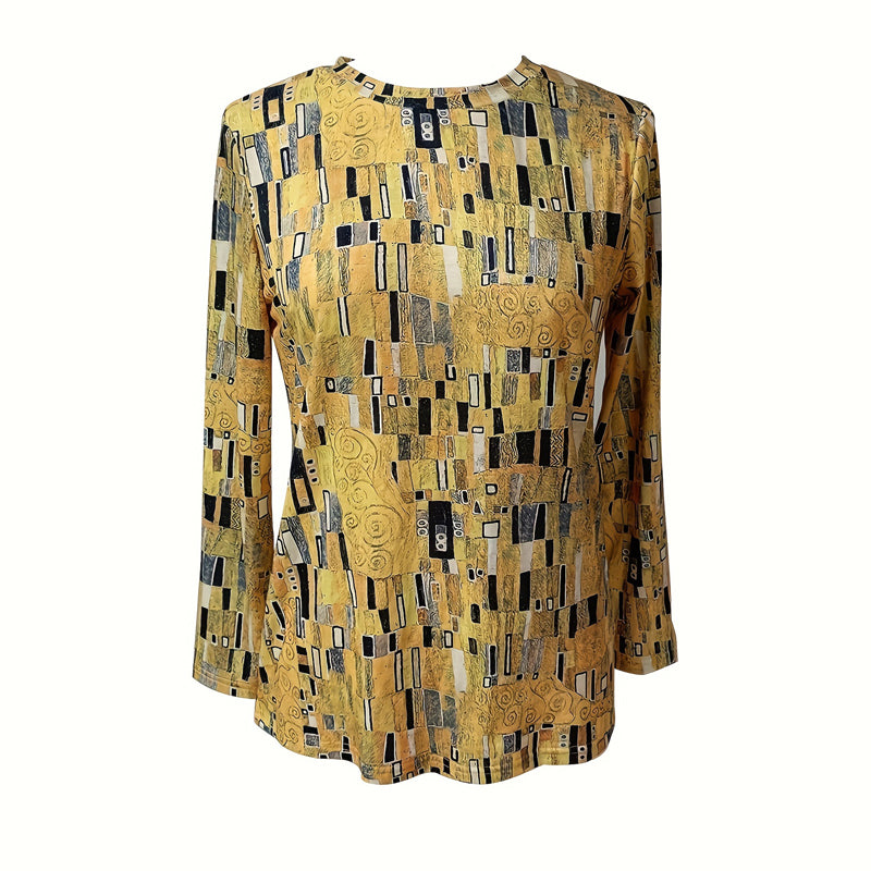 Amy | Women’s Yellow Abstract Print Round Neck Long Sleeve Blouse