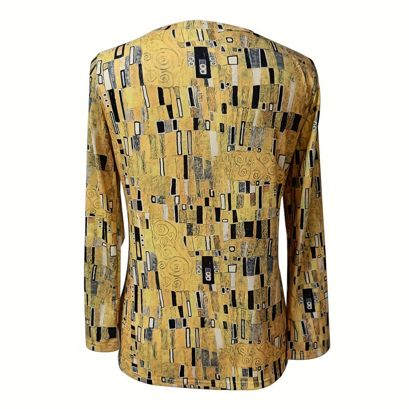 Amy | Women’s Yellow Abstract Print Round Neck Long Sleeve Blouse