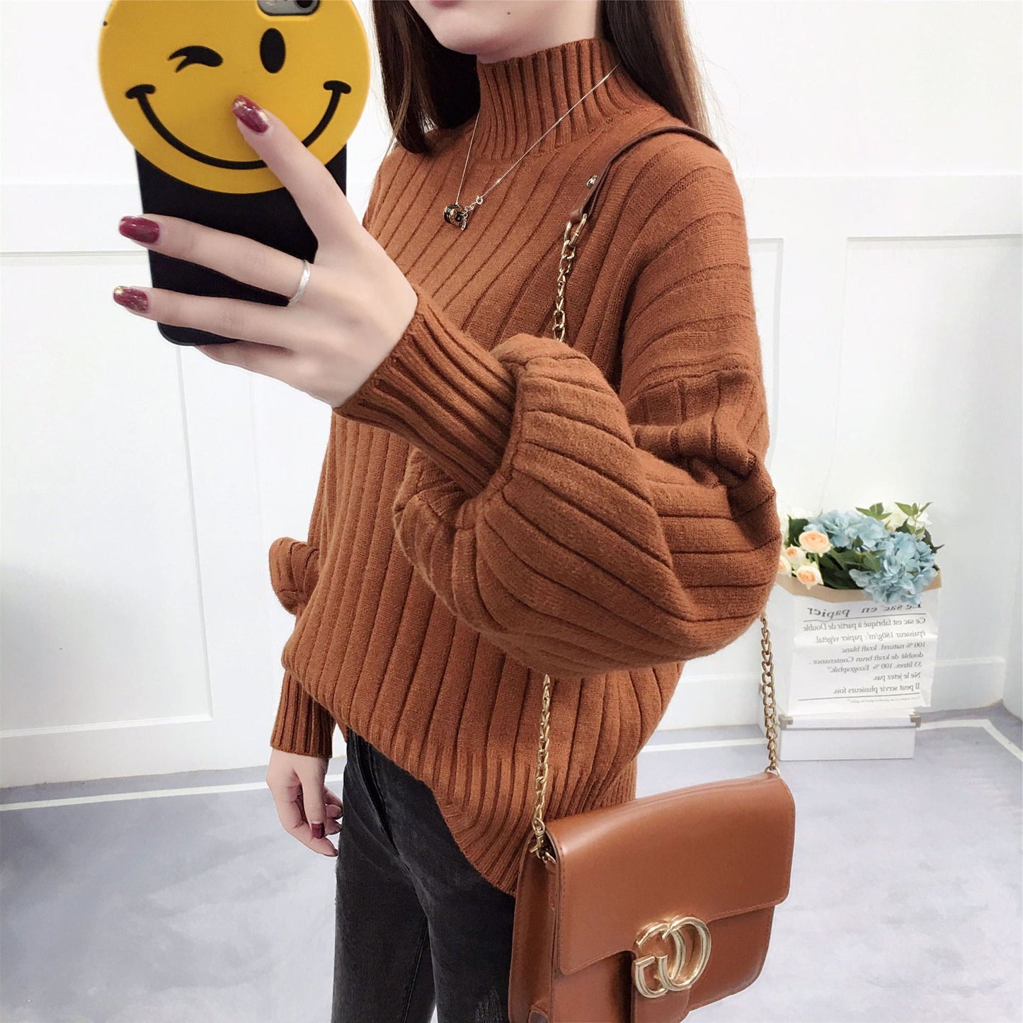 Women’s High Neck Knit Sweater | Casual Relaxed Fit Pullover