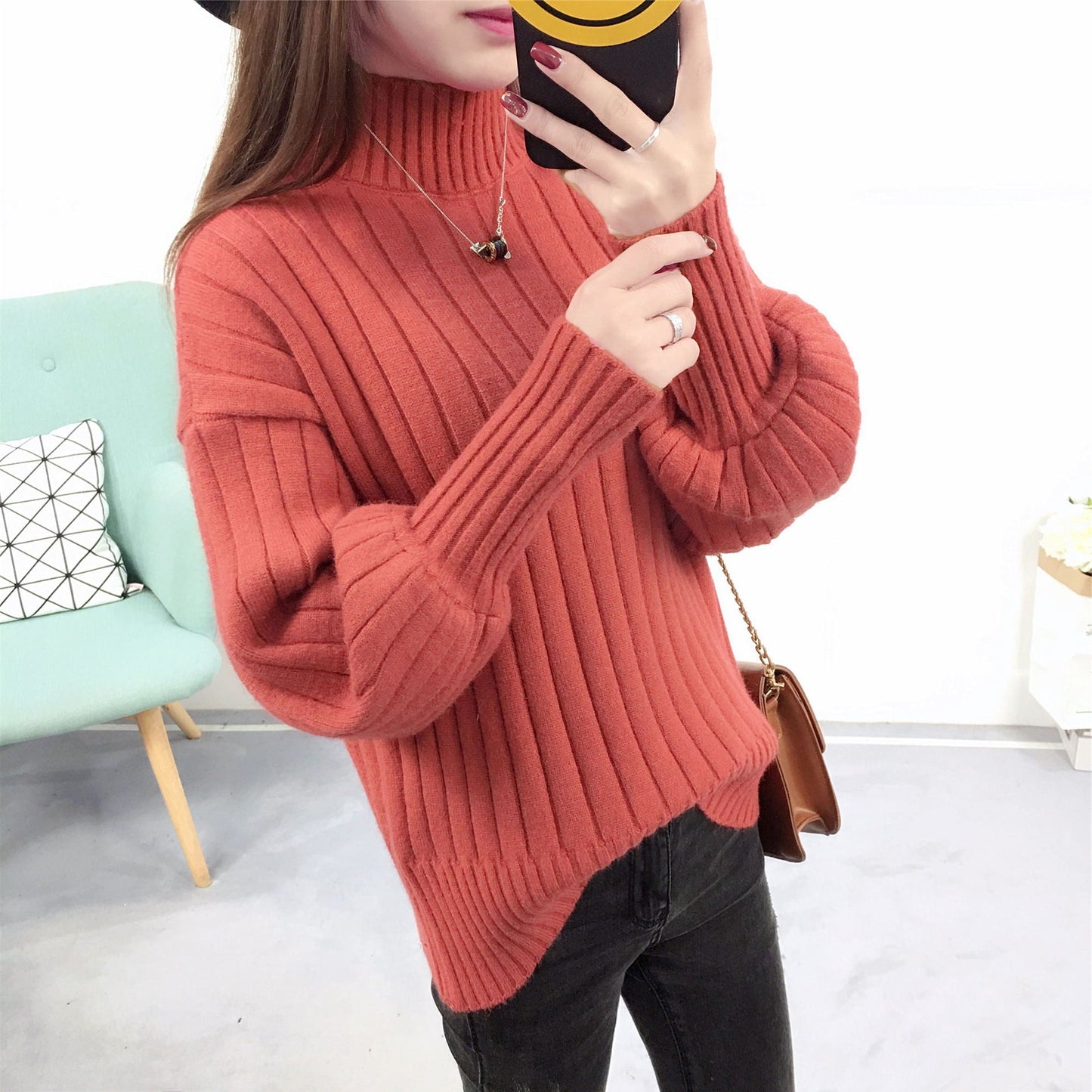 Women’s High Neck Knit Sweater | Casual Relaxed Fit Pullover