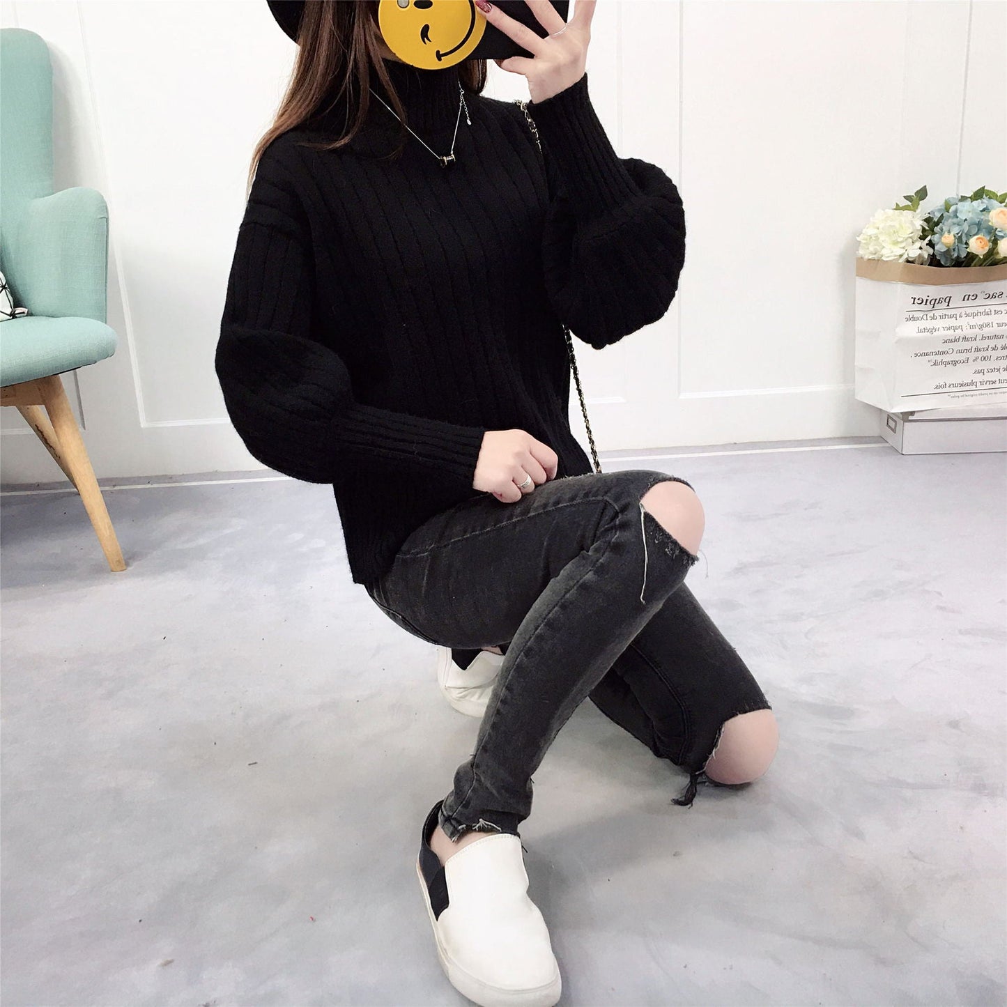 Women’s High Neck Knit Sweater | Casual Relaxed Fit Pullover