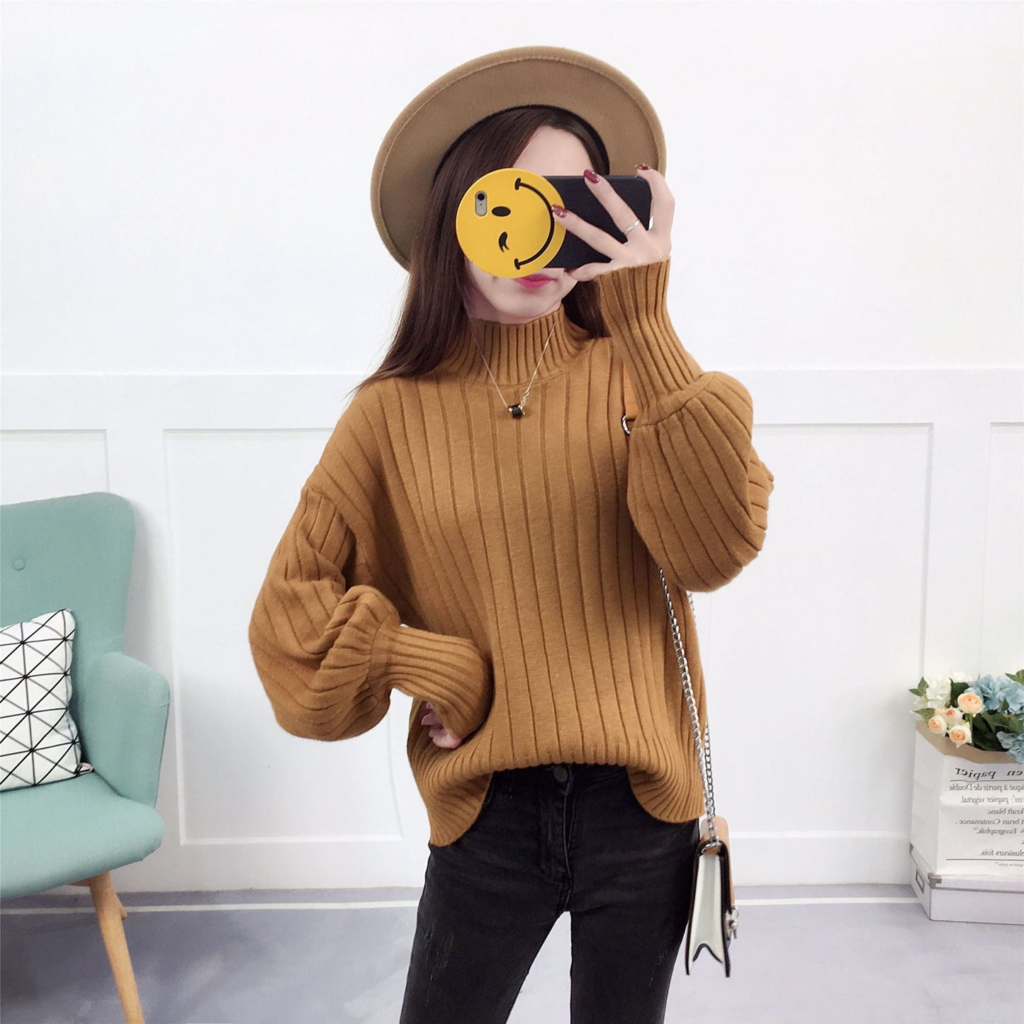 Women’s High Neck Knit Sweater | Casual Relaxed Fit Pullover