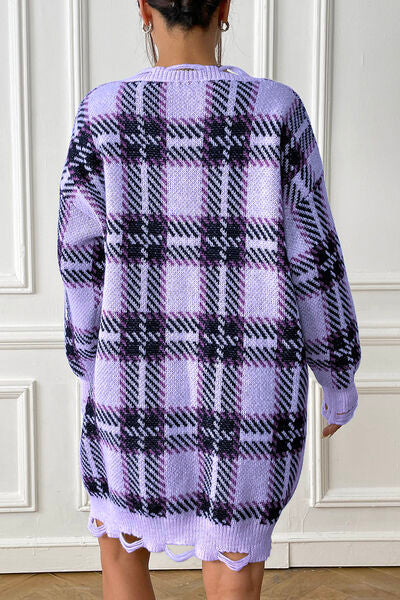 Quindra | Long Knit Sweater with Check Pattern and Relaxed Fit