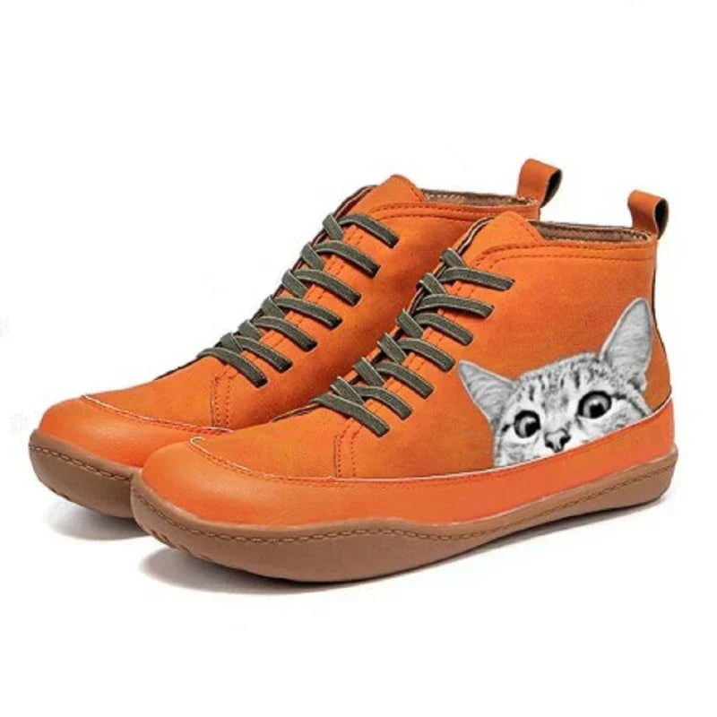 Amane | Women’s Orthopedic Lace-Up Boots with Stylish Cat Print