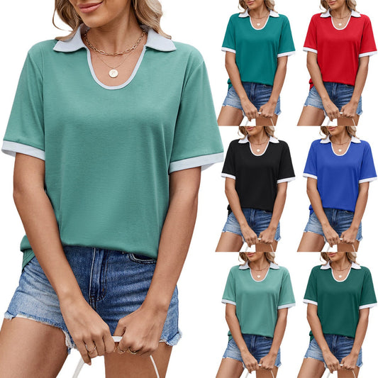 Syreena | Women’s Solid Colour Summer Shirt with Contrasting White Lapel Collar, U Neck & Short Sleeves