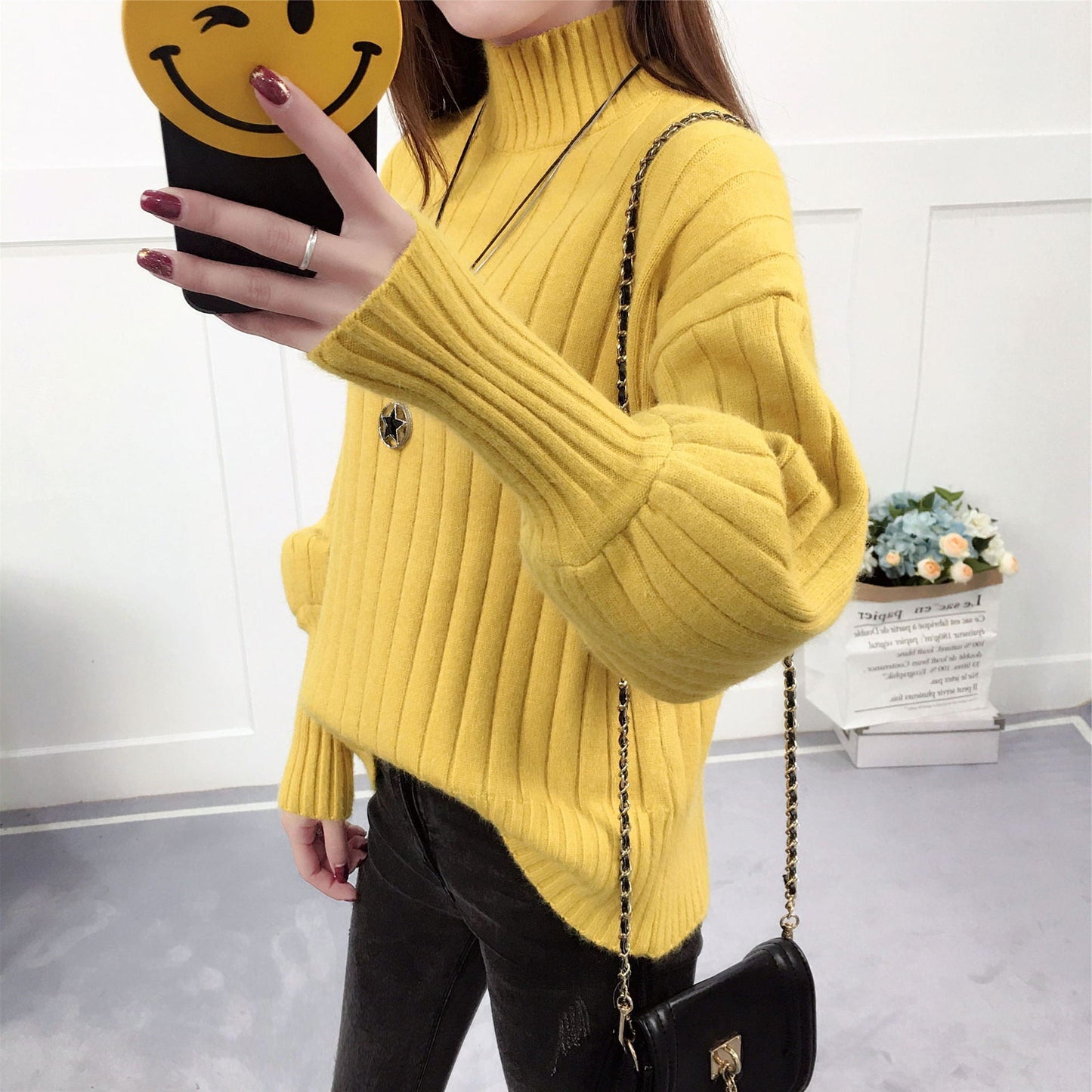 Women’s High Neck Knit Sweater | Casual Relaxed Fit Pullover