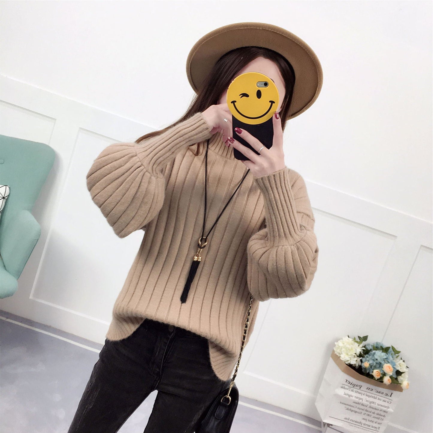 Women’s High Neck Knit Sweater | Casual Relaxed Fit Pullover