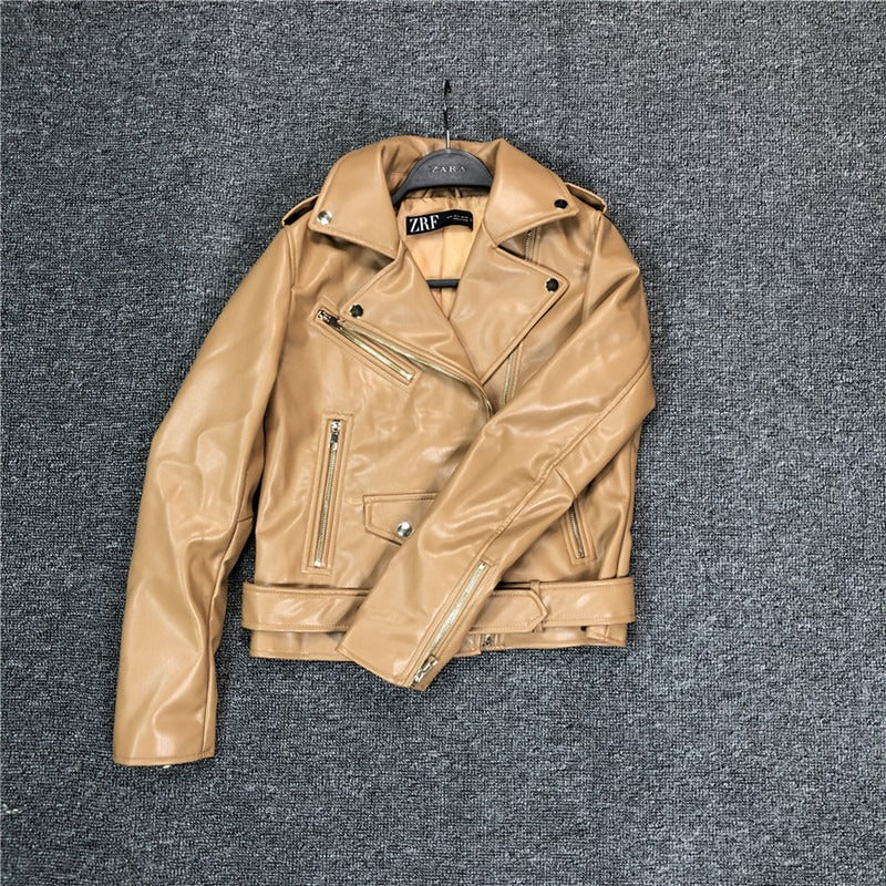Elfriede | Women's Slim-Fit Leather Jacket with Waist Belt and Multiple Pockets