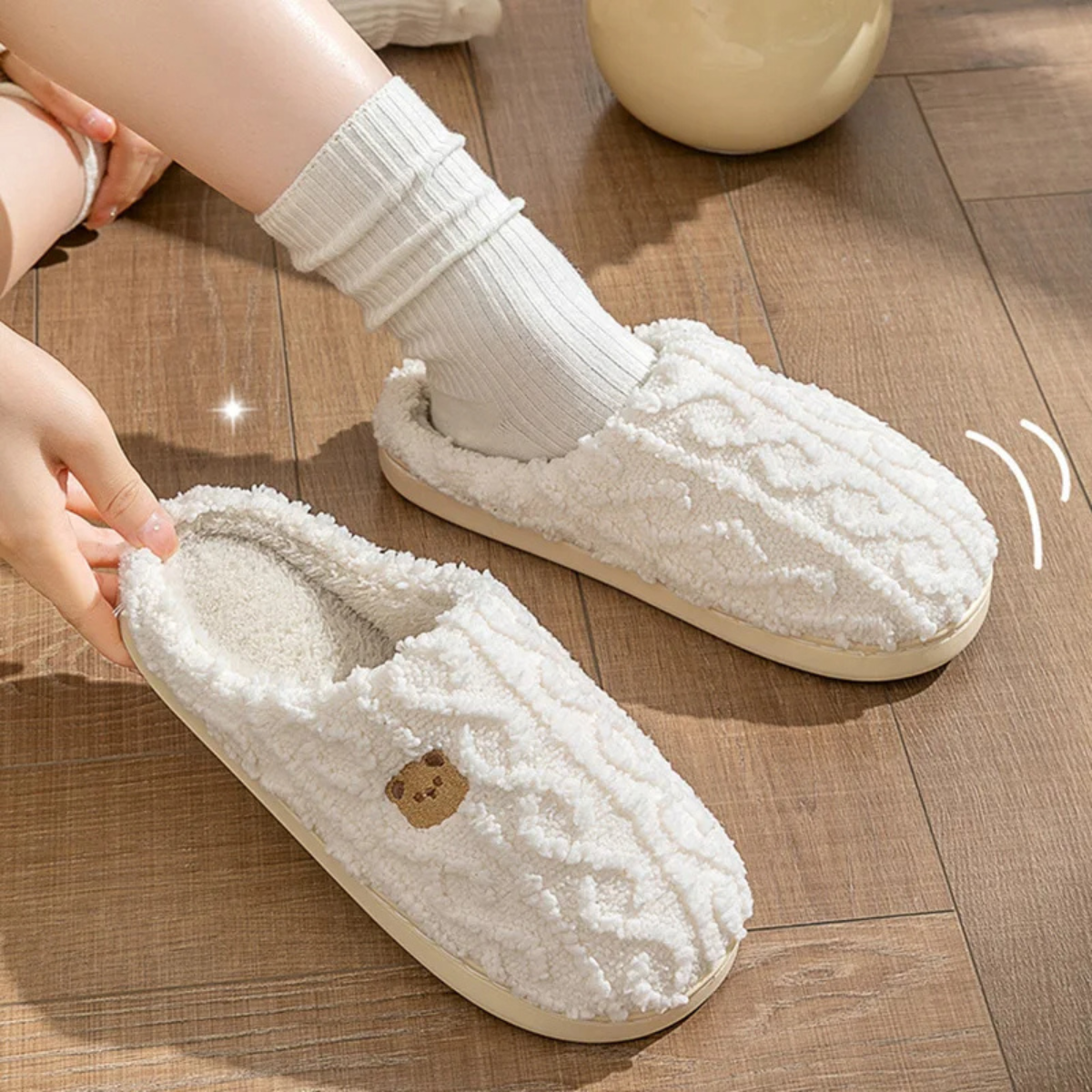 Viktualia | Women's Winter Slippers with Teddy Embroidery, Soft Plush Fabric & Non-Slip Sole
