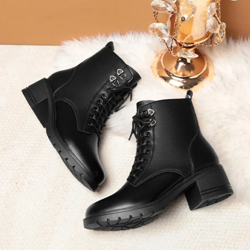 Zoraide | Women's Block Heel Winter Boots with Side Zipper & Lace-Up Design