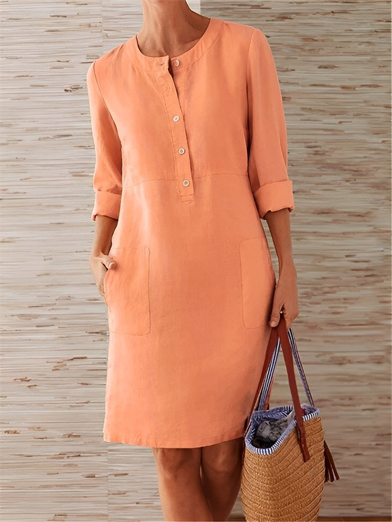 Morwena | Women’s Linen Long Sleeve Casual Dress with Pockets & Button Detail