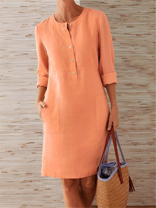 Morwena | Women’s Linen Long Sleeve Casual Dress with Pockets & Button Detail