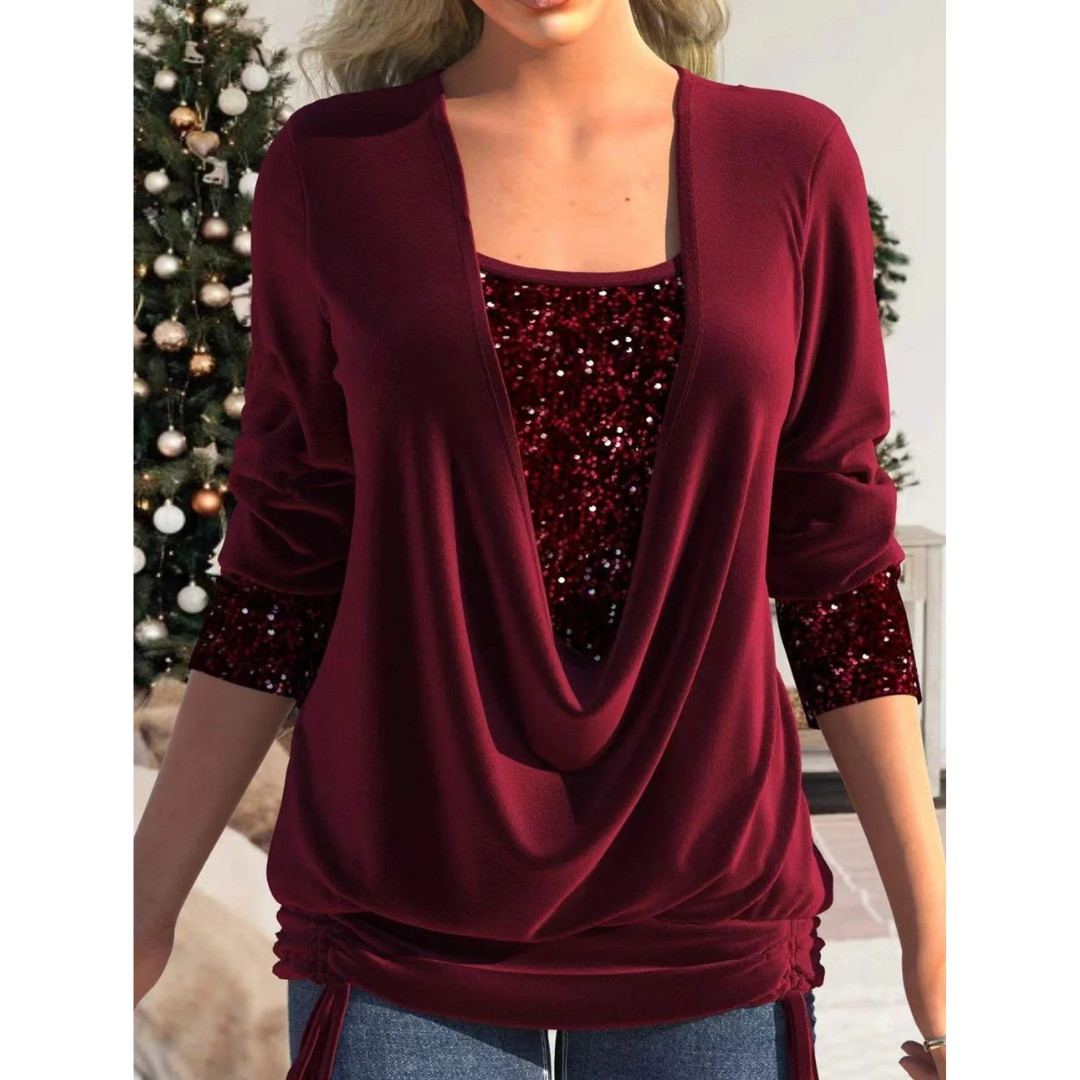 Petronelle | Women’s Elegant Sequin Long Sleeve Blouse with Adjustable Drawstring Hem