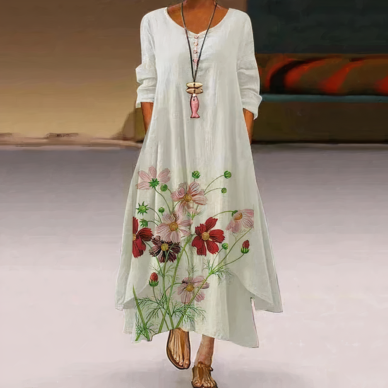 Kerith | Women's Floral Maxi Dress with Round Neck & Layered Hem