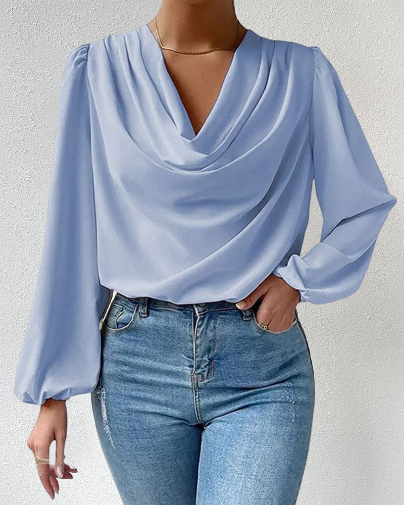 Lysandra | Women’s Drape Collar Lantern Sleeve Blouse – Elegant Loose-Fit Solid Top