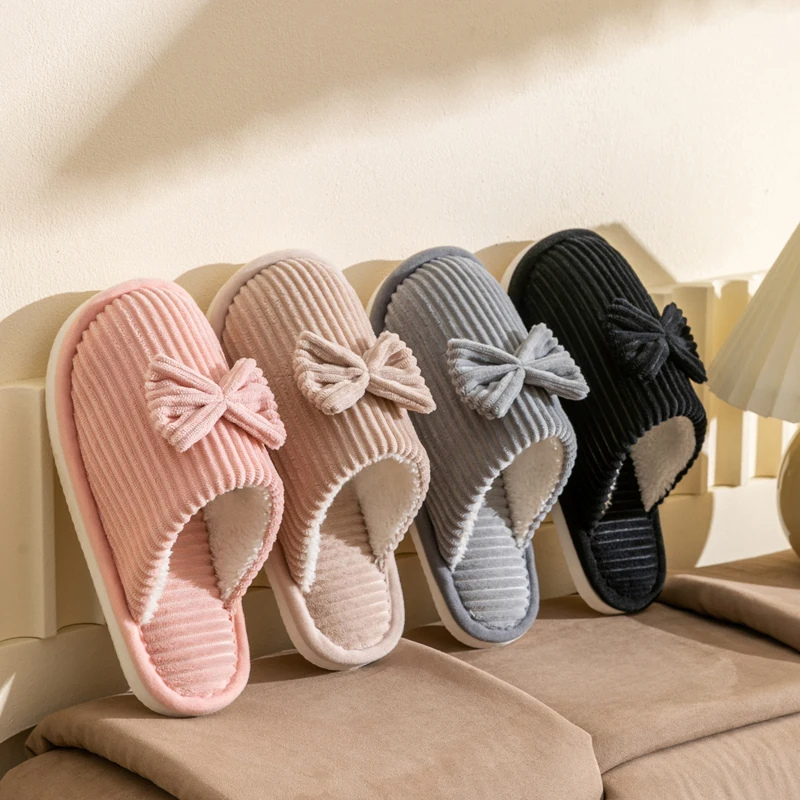 Donna | Women's Lightweight Ribbed Plush House Slippers with Ribbon Decor