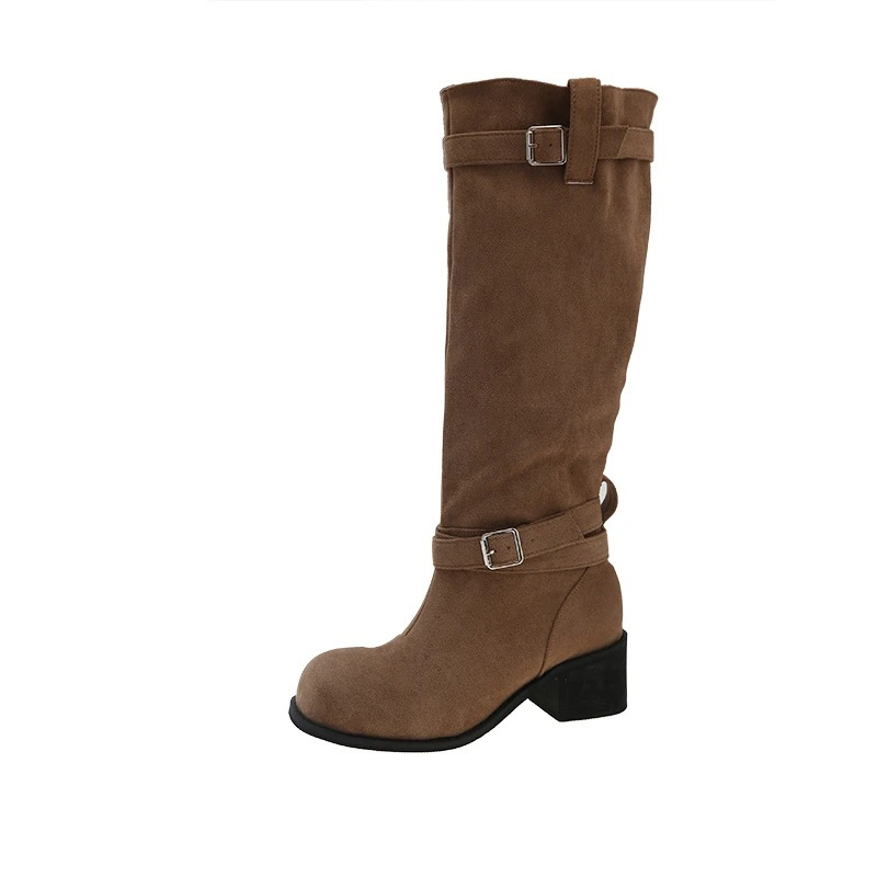 Annelien | Women's Knee-High Suede Boots with Block Heel and Buckle Strap - Stylish and Comfortable